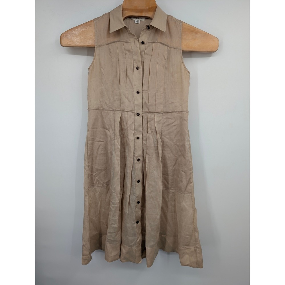 Lafayette 148 New York Tan Linen Sleeveless Shirt Dress Pintuck Buttonβ Front XS